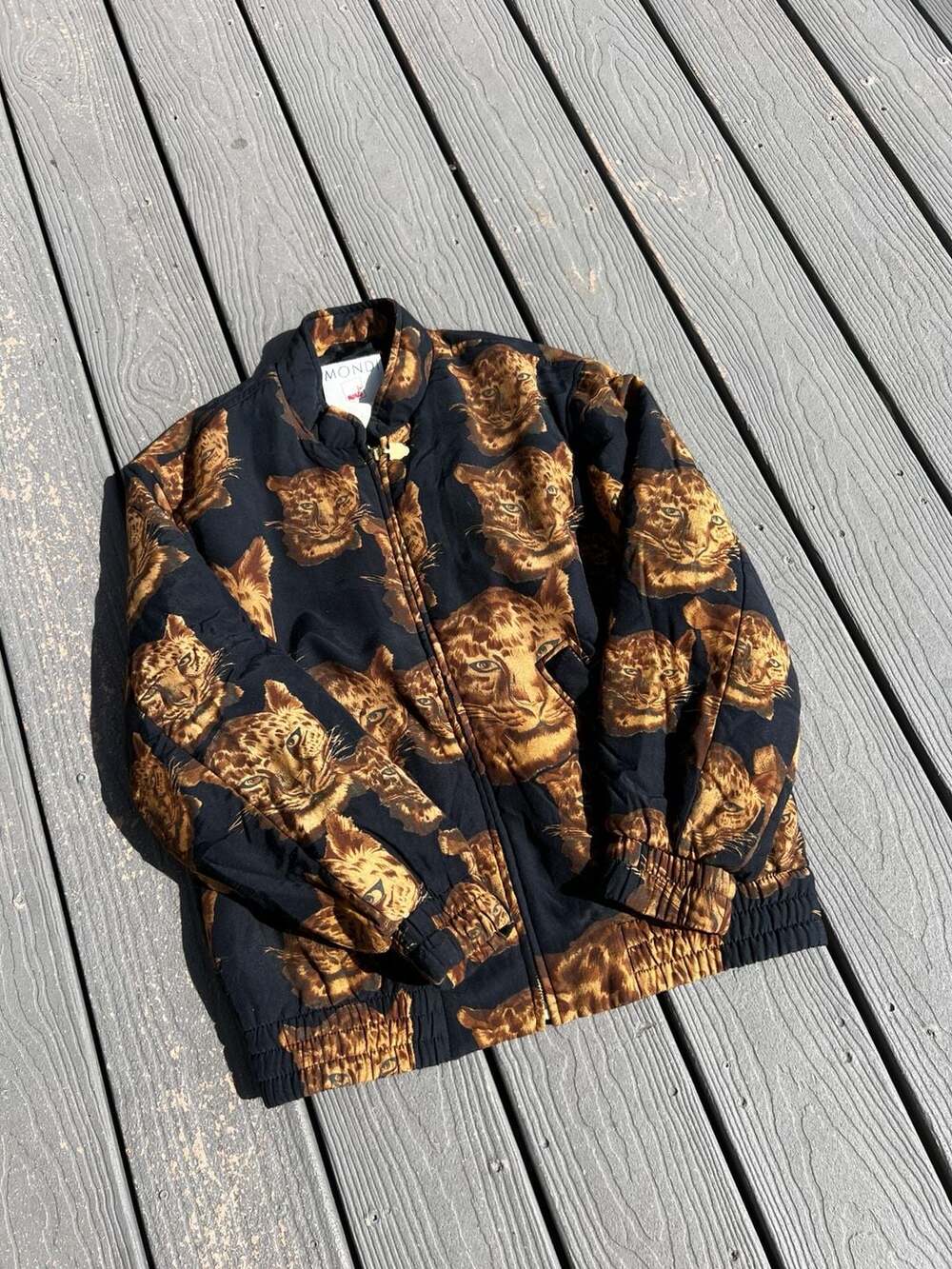 Mondi Vintage 1990s Leopard Cat Face All-Over Print Bomber Jacket Size 34